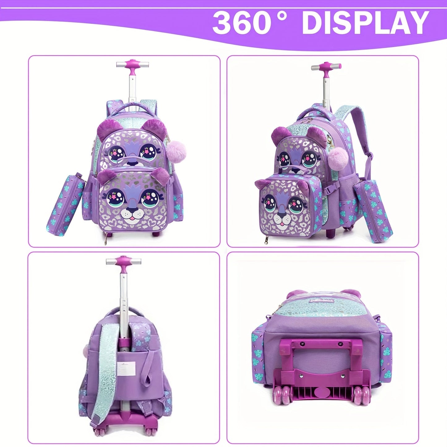 3pcs Rolling Backpack for Girls - School Bag with Wheels & Lunch Bag - Student Luggage & Bookbag Set