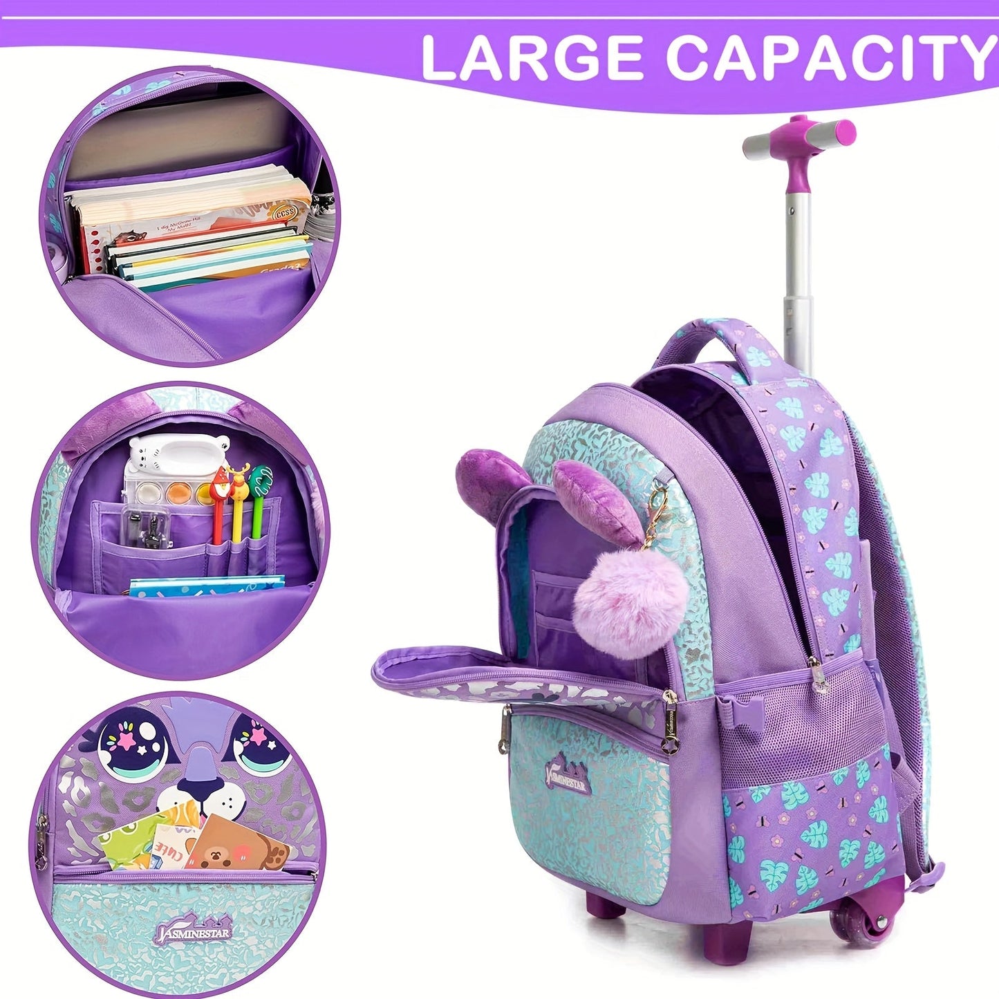 3pcs Rolling Backpack for Girls - School Bag with Wheels & Lunch Bag - Student Luggage & Bookbag Set