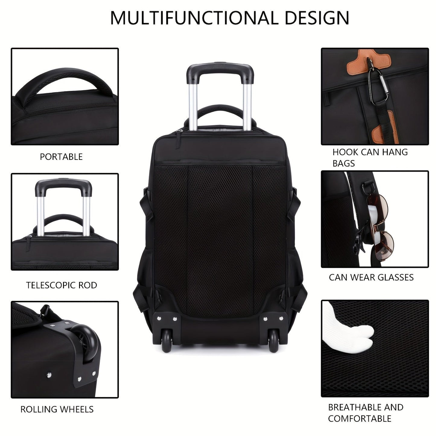 17-Inch Rolling Backpack with Wheels for Men | Beige & Black | Travel Laptop Bag with Shoe Compartment | Adjustable Straps | Multiple Pockets | School & Business