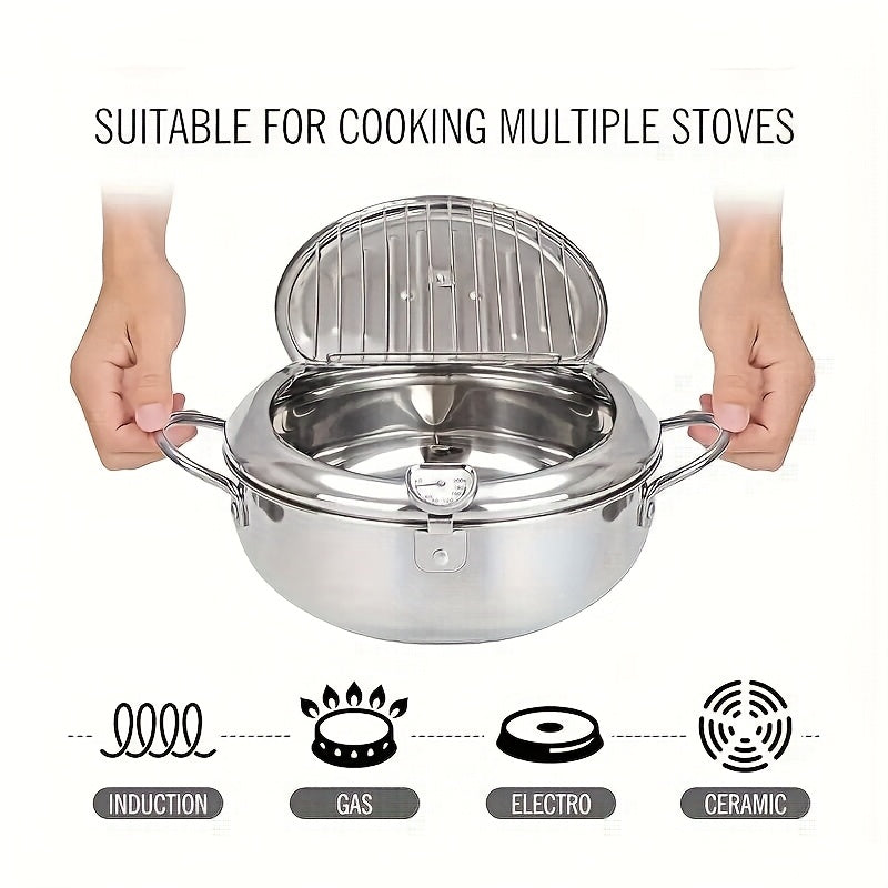 Stainless Steel Deep Fryer with Thermometer, Lid & Oil Drip Rack - Perfect for Home & Outdoor Cooking