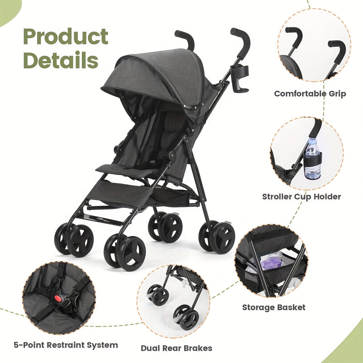Lightweight Foldable Baby Travel Stroller with Secure 5-Point Harness & Sun Canopy