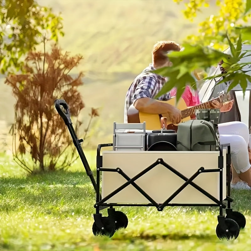 Heavy-Duty Steel Folding Cart with Large Wheels, Side Pockets, and Brakes - Perfect for Beach, Camping, and Outdoor Activities