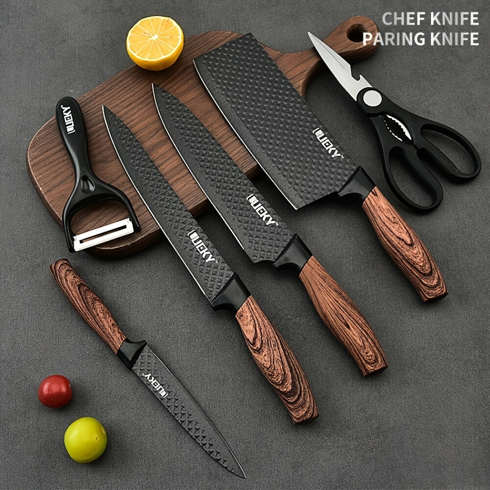 6pcs Multi-Size Kitchen Knife Set - Stainless Steel, Super Sharp, Brown Handles, Ideal for Cooking & Camping, Perfect Gift with Elegant Packaging
