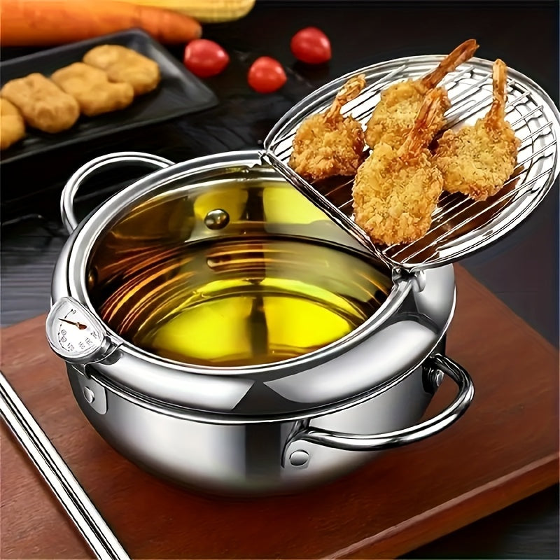 Stainless Steel Deep Fryer with Thermometer, Lid & Oil Drip Rack - Perfect for Home & Outdoor Cooking