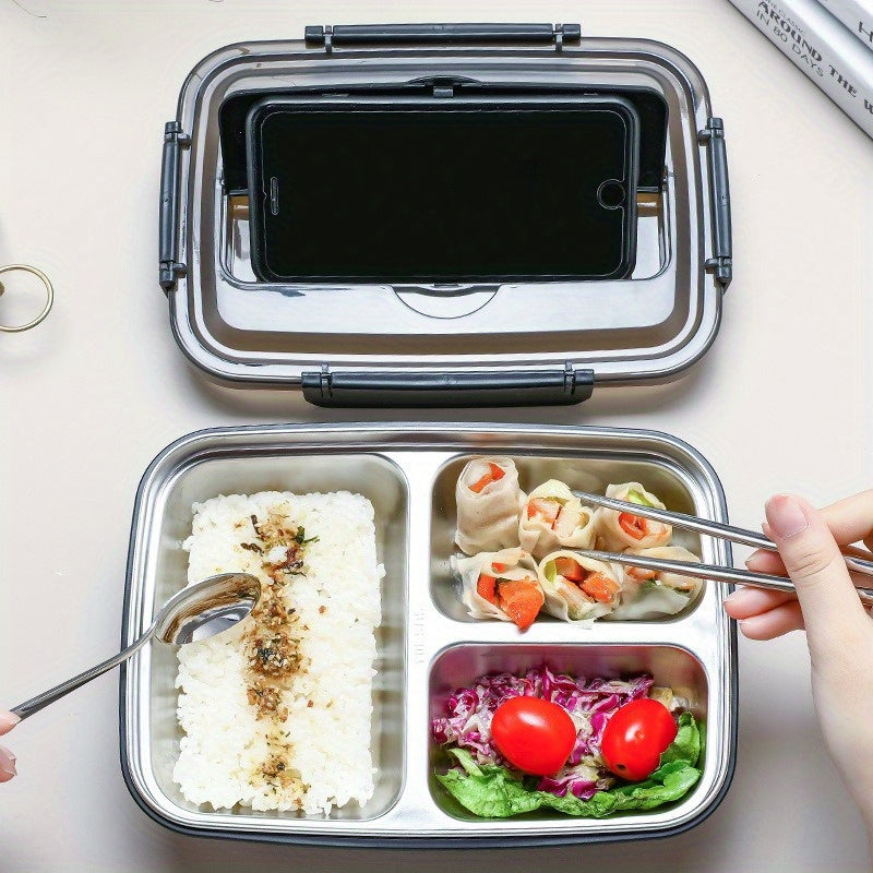 Leak-Proof Stainless Steel Bento Lunch Box with 3 Compartments - Durable & Easy to Clean - Perfect for School, Work & Travel