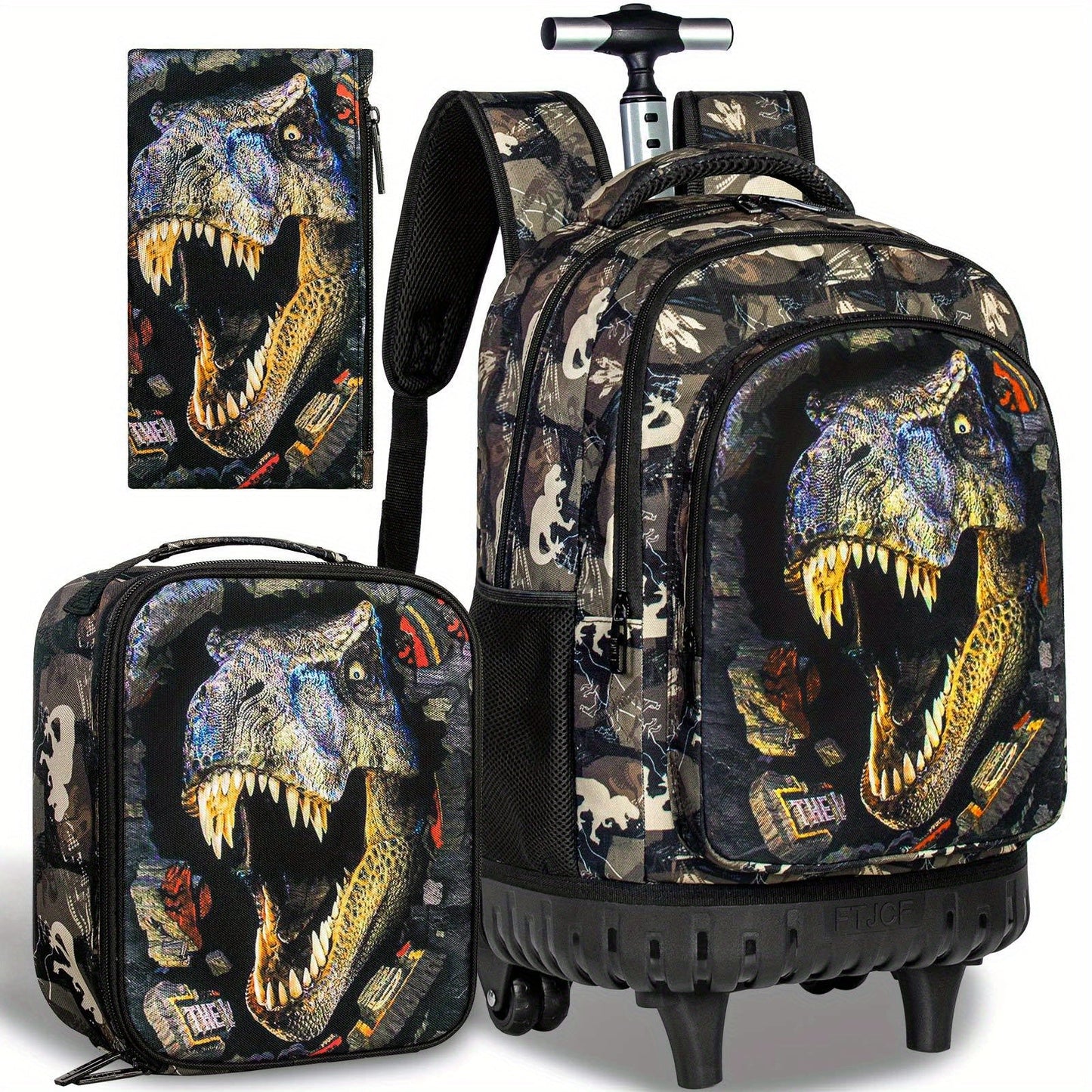 3pcs CCJPX Men's Dinosaur Backpack with Wheels - Large Capacity, Lightweight Travel Roller Bookbag for Commuting & Travel