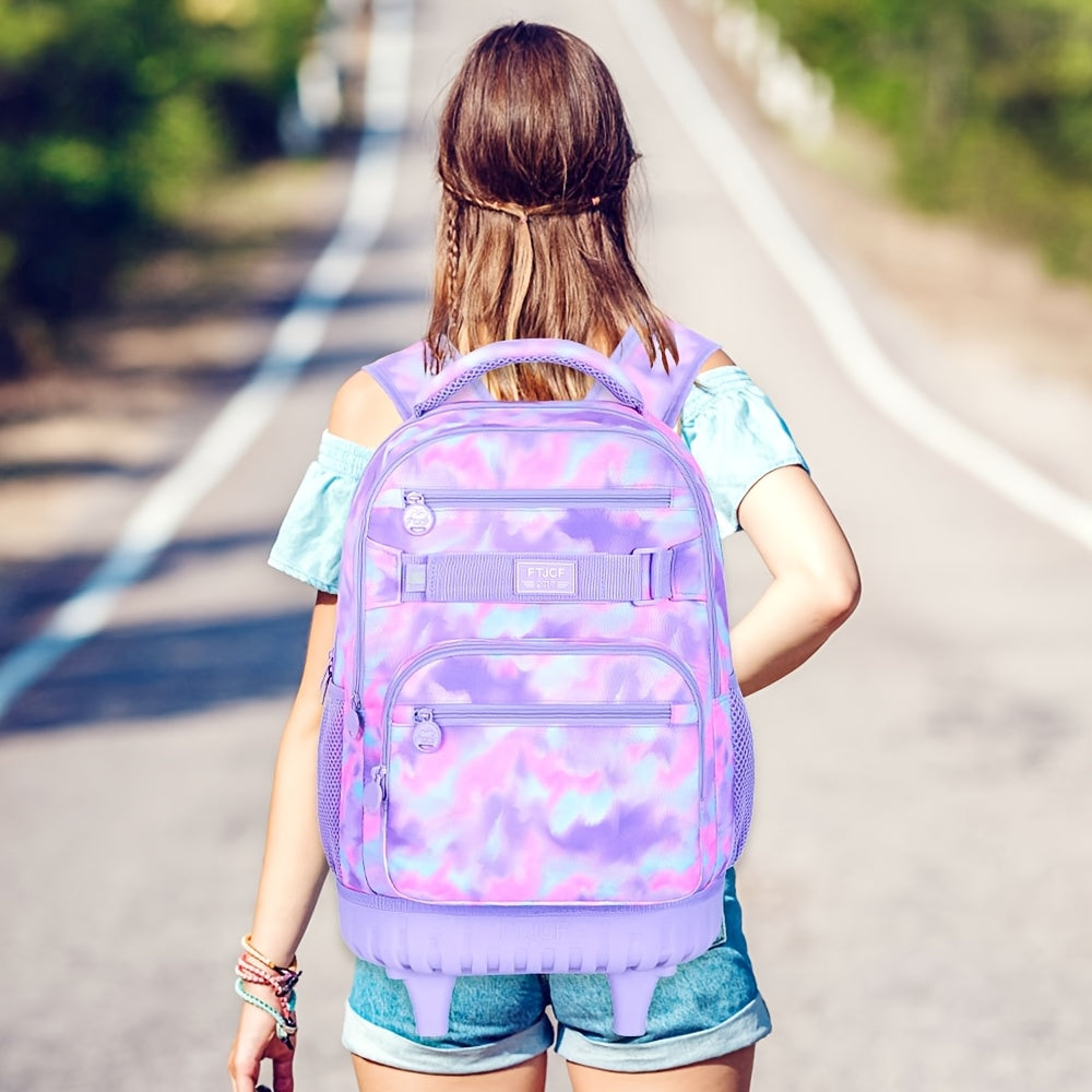 UFNDC Rolling Backpack for Girls & Women - Stylish Purple Tie-Dye Wheeled Bookbag with Lunch Bag
