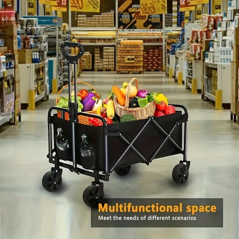 Heavy-Duty Steel Folding Cart with Large Wheels, Side Pockets, and Brakes - Perfect for Beach, Camping, and Outdoor Activities