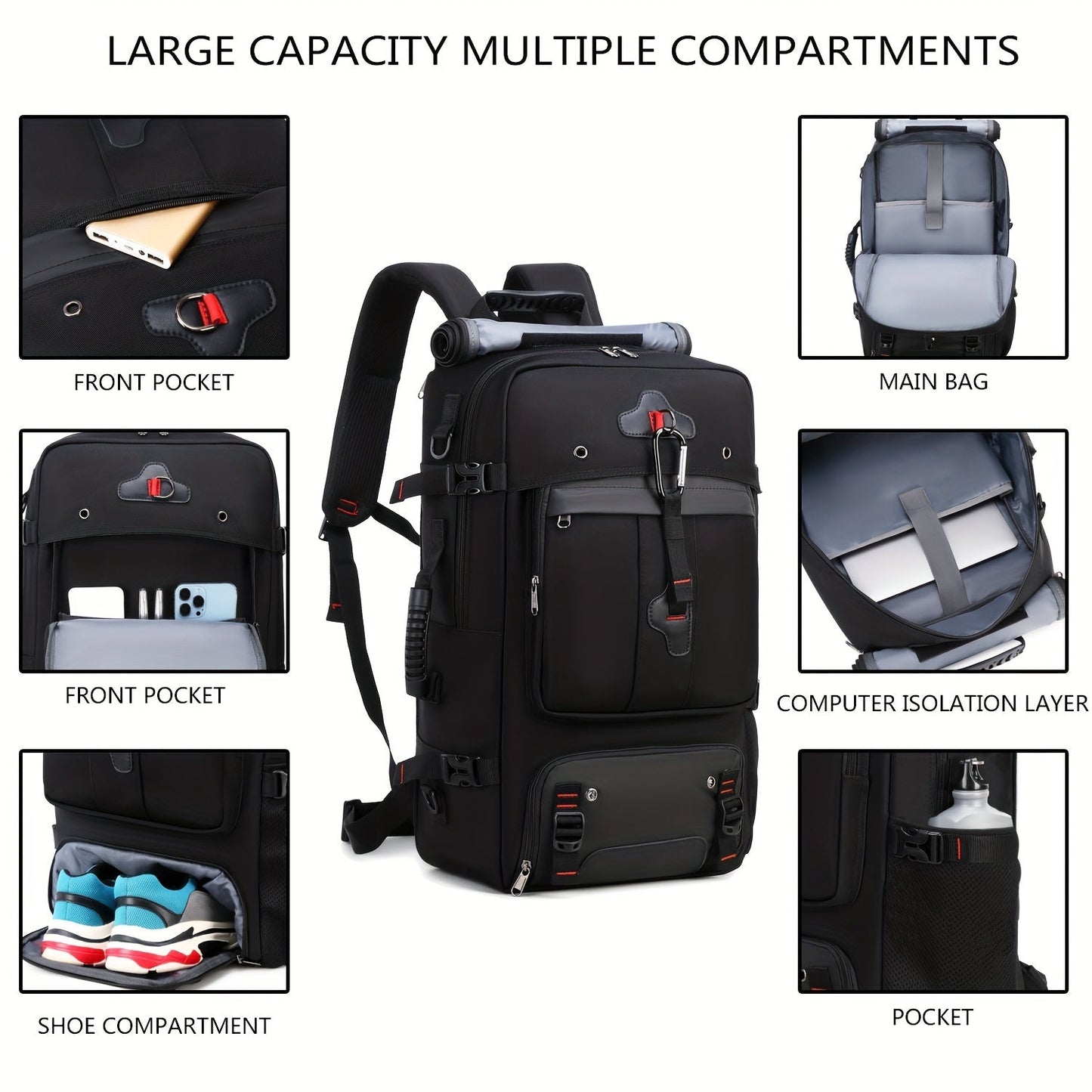 50L Large Capacity Hiking Backpack with Shoe Compartment - Convertible & Unisex