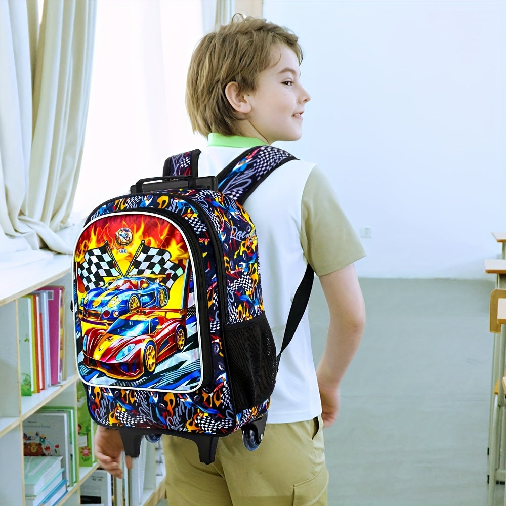 3pcs Car Rolling Bookbag for Boys, Kids School Backpack with Wheels, Polyester, Lightweight, Sports Style