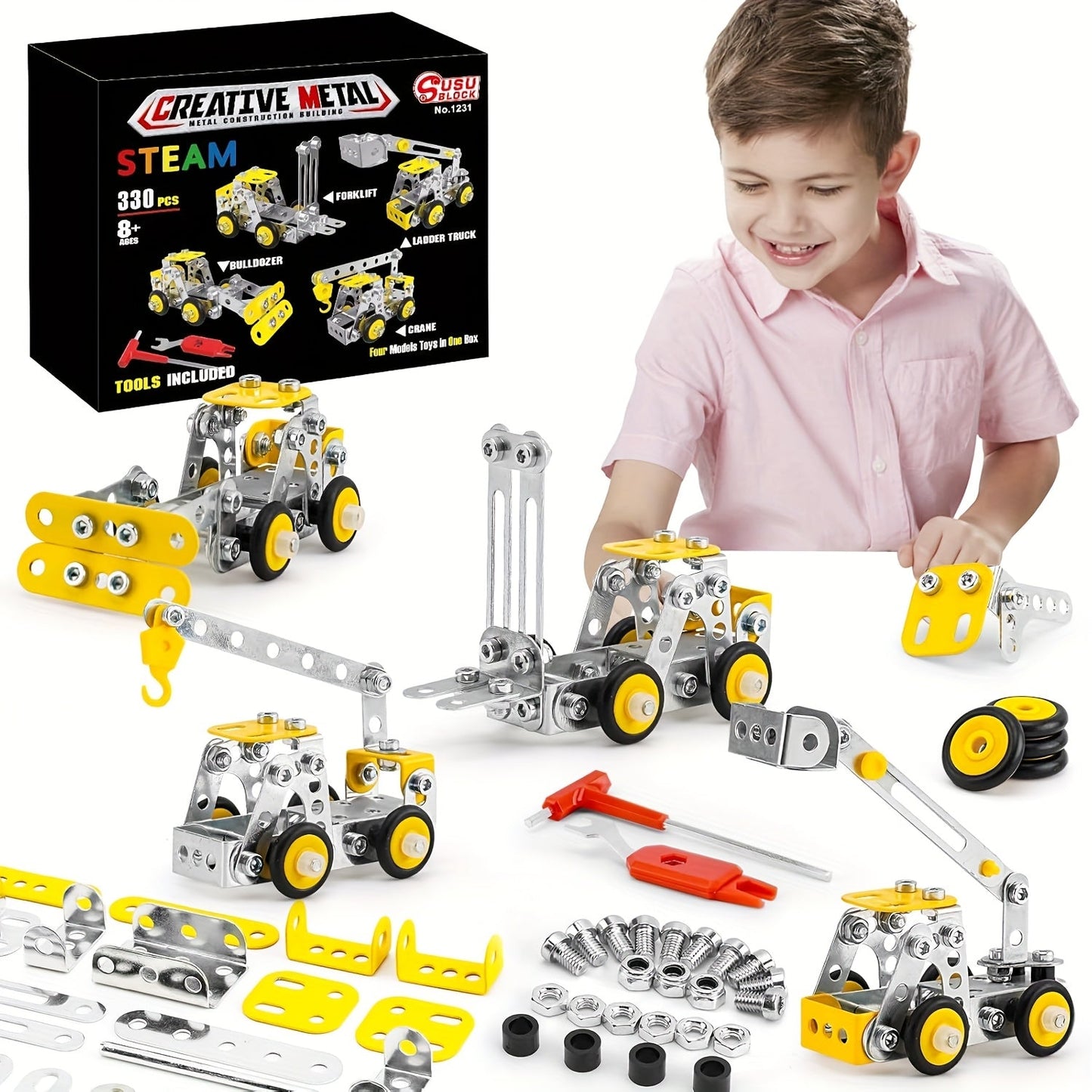 STEM Building Toys - 330pcs Erector Set for Kids, 4-in-1 Metal Engineering Vehicles Kit