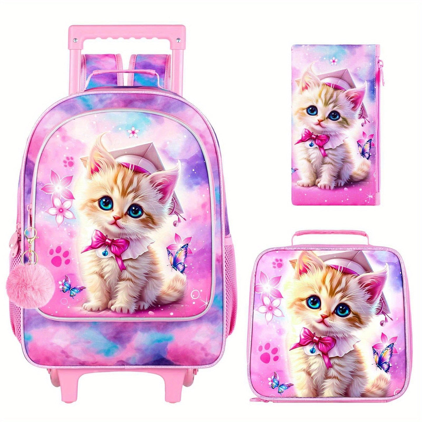 Cute Cat Rolling Backpack with Wheels for Girls - Perfect for School & Travel