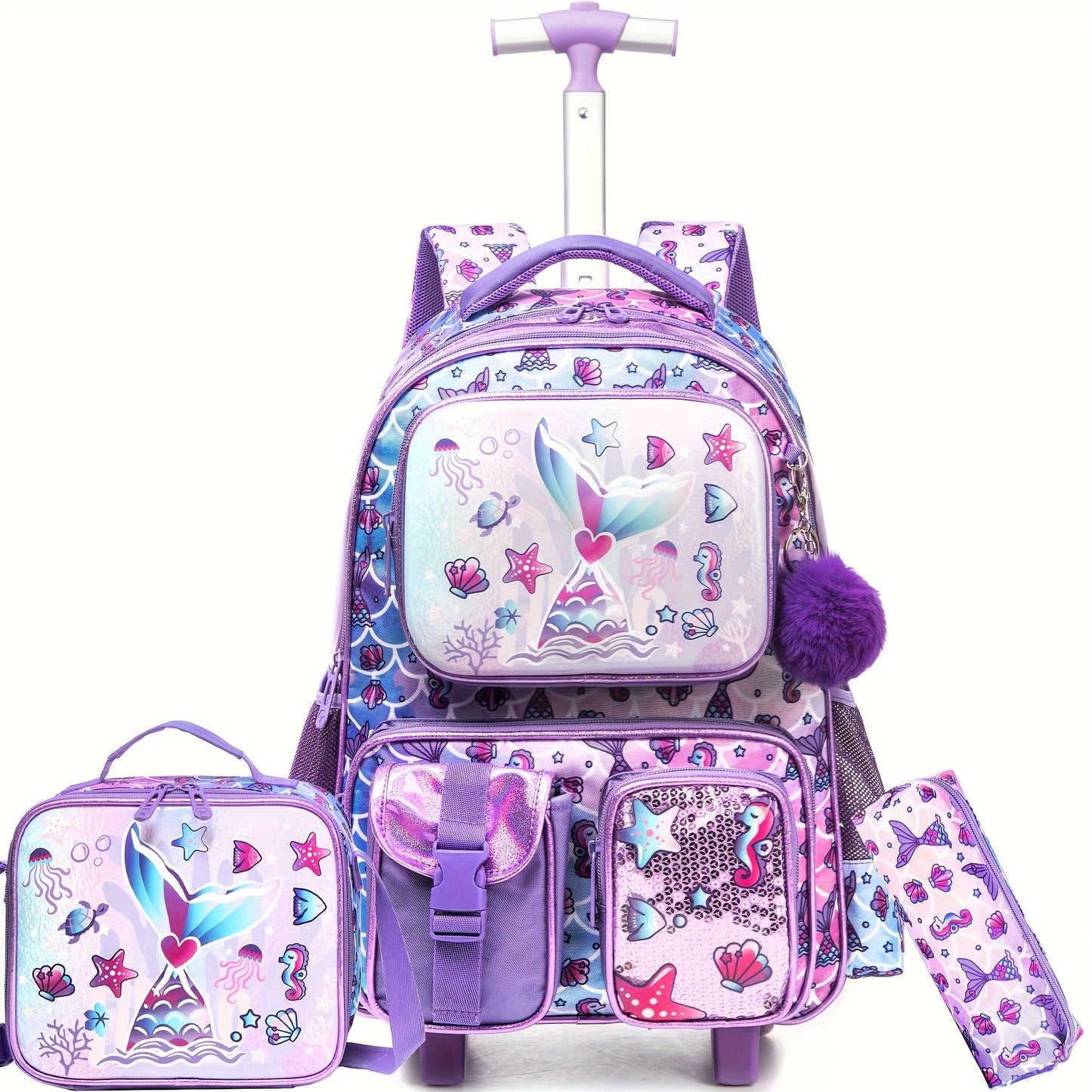 16.5" Kids Rolling Backpack Set - Wheeled Suitcase with Lunch Bag & Pencil Case for Ages 3+