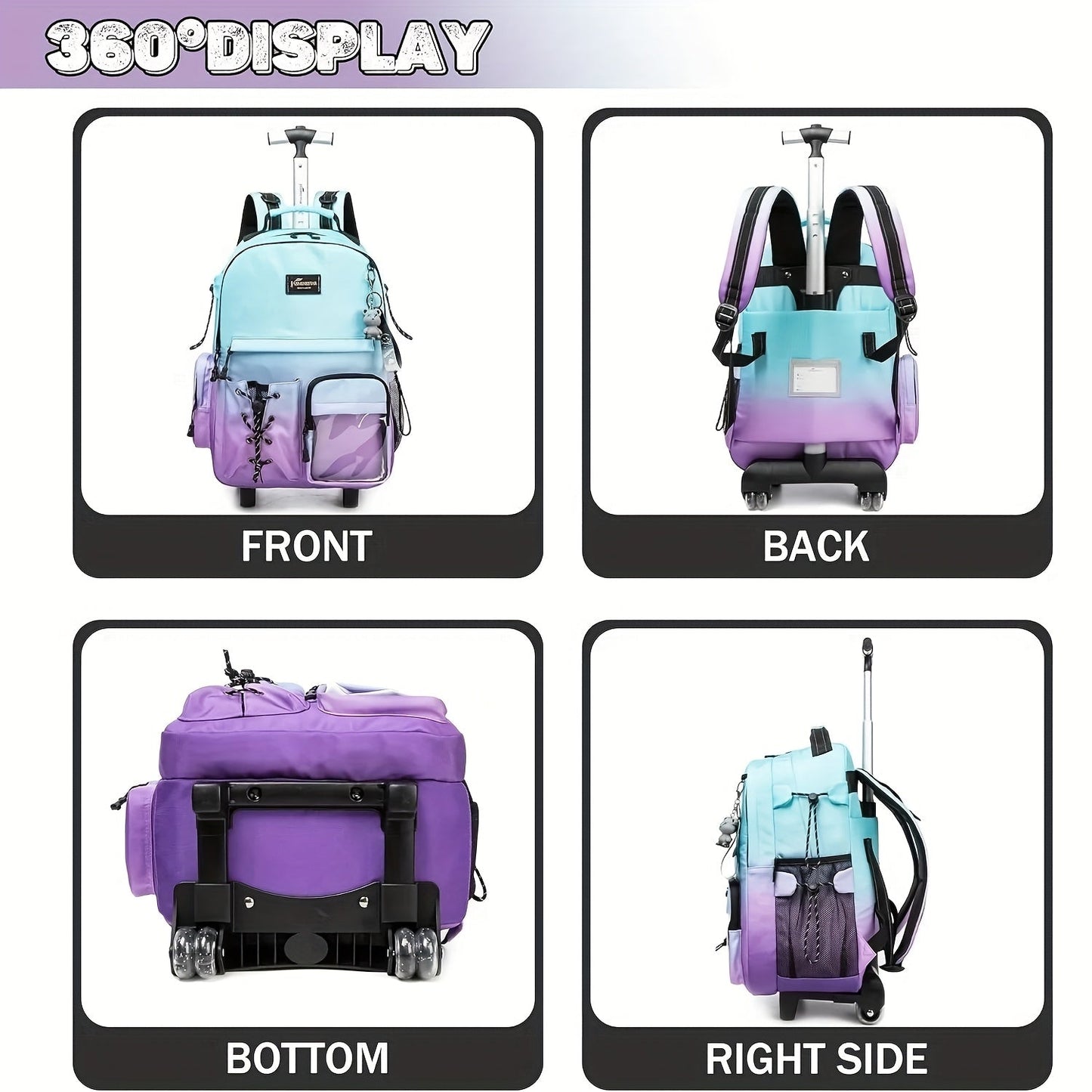 3pcs Rolling School Bags for Girls - Wheeled Backpack & Trolley Luggage