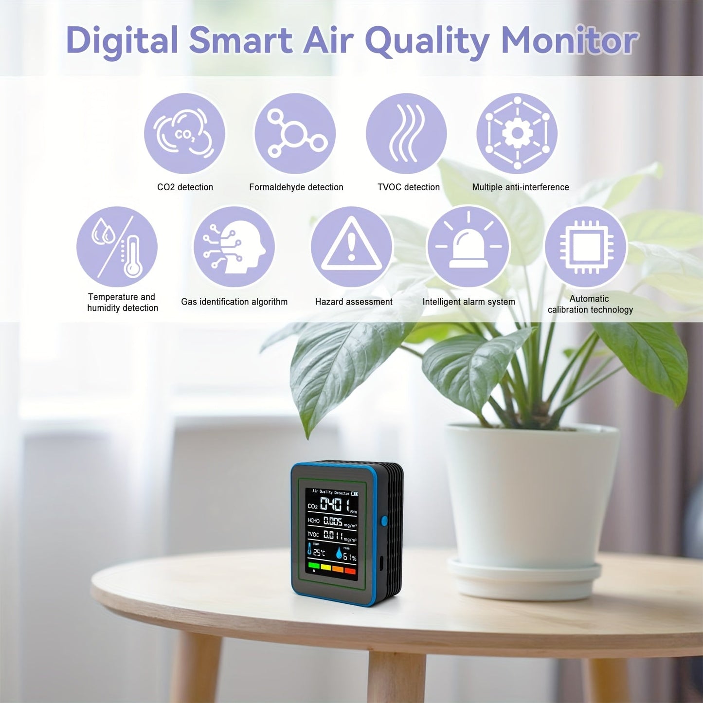 5-in-1 Portable Air Quality Monitor | Formaldehyde & CO2 Detector | Indoor Air Analyzer with Real-Time Data & Alarms