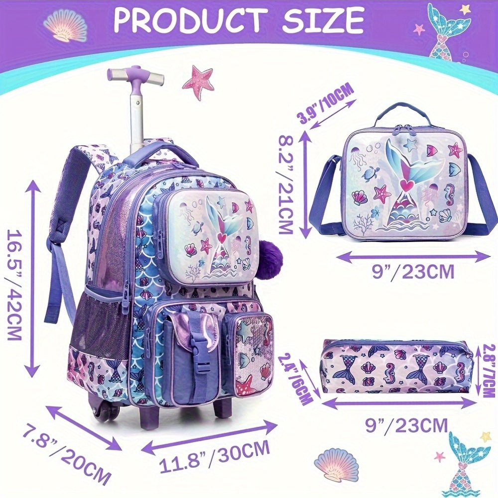 16.5" Kids Rolling Backpack Set - Wheeled Suitcase with Lunch Bag & Pencil Case for Ages 3+