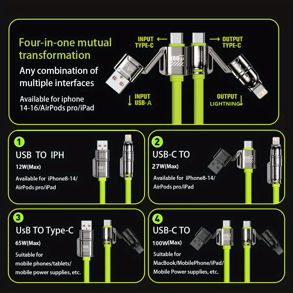 4-in-1 Kirsite Cable 100W Super Fast Charging for iPhone, iPad, Notebook, Mobile Phone