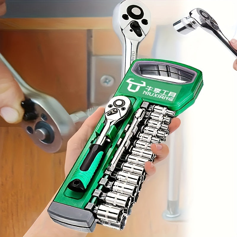 15pcs Compact Ratchet Wrench Set - 1/4" Drive Cr-V Steel Socket Kit with Non-Slip Grip for Motorcycle Maintenance, Auto Repair & Industrial Use
