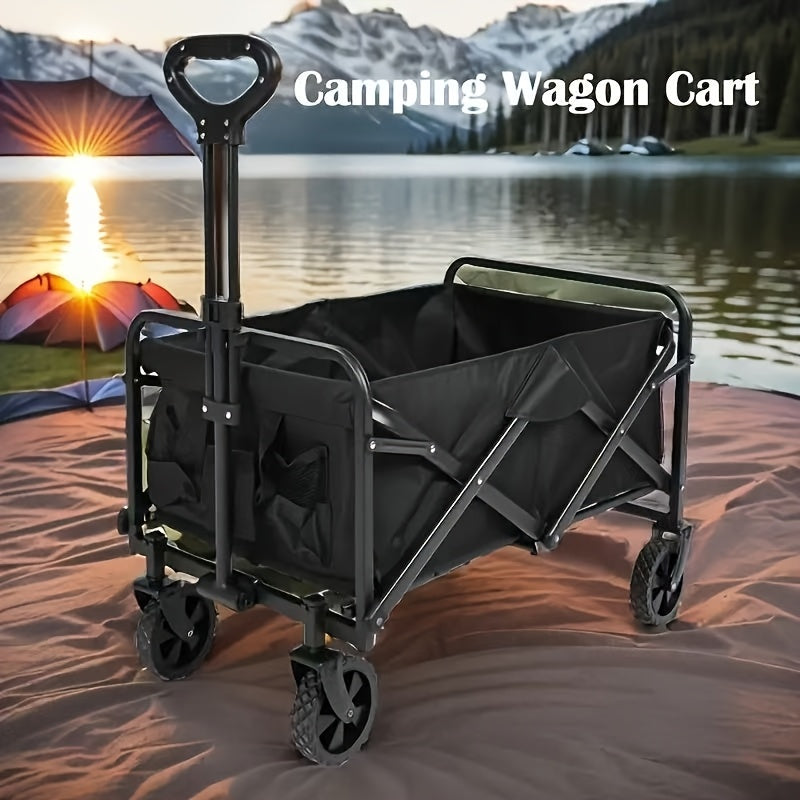 Heavy-Duty Steel Folding Cart with Large Wheels, Side Pockets, and Brakes - Perfect for Beach, Camping, and Outdoor Activities