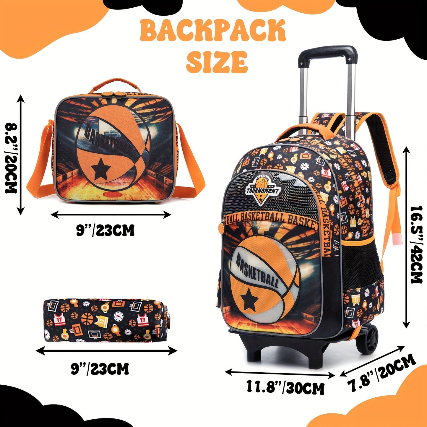 3pcs Kids Rolling Backpack Set 16.5" - Wheeled Travel Luggage for Boys