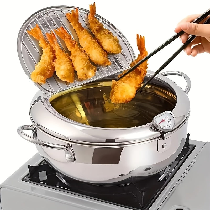 Stainless Steel Deep Fryer with Thermometer, Lid & Oil Drip Rack - Perfect for Home & Outdoor Cooking