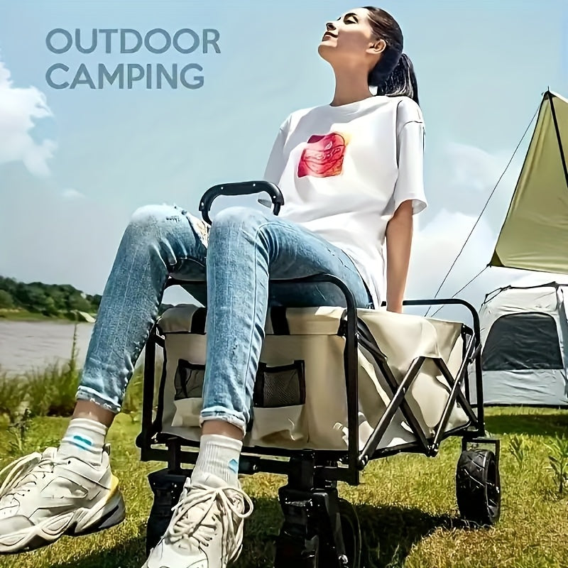 Heavy-Duty Steel Folding Cart with Large Wheels, Side Pockets, and Brakes - Perfect for Beach, Camping, and Outdoor Activities