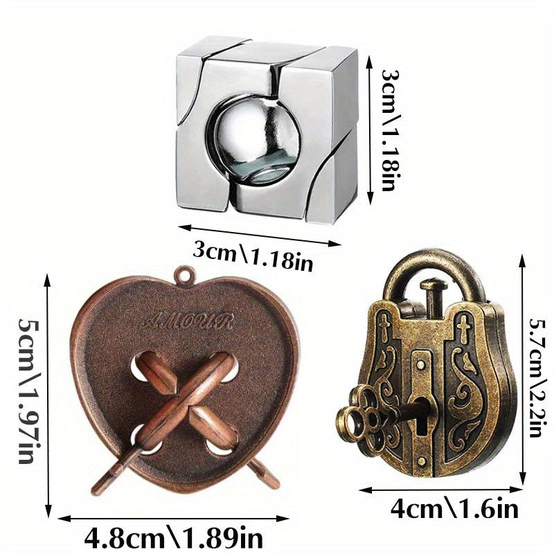 3pcs Metal Puzzle Set - Unlock Toy Brain Teasers for All Ages - Perfect for Gifts & Parties