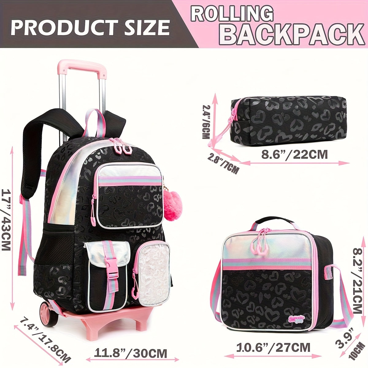 Rolling Backpack with Wheels for Girls - 3 in 1 Travel Set with Crossbody Bag