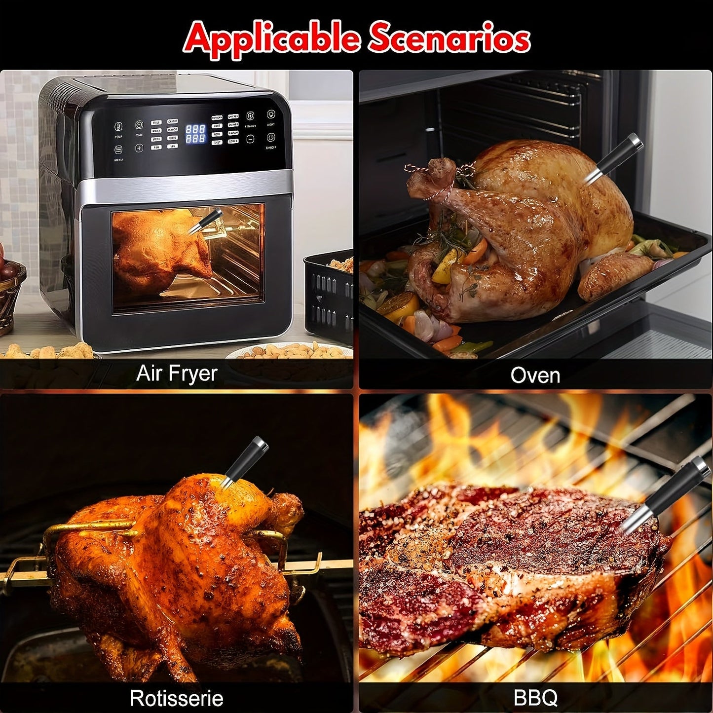 Wireless Meat Thermometer with Digital Probe, USB Rechargeable for BBQ, Grill, Oven & Sous Vide