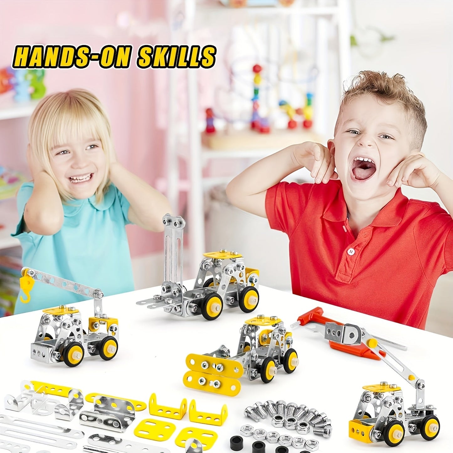 STEM Building Toys - 330pcs Erector Set for Kids, 4-in-1 Metal Engineering Vehicles Kit
