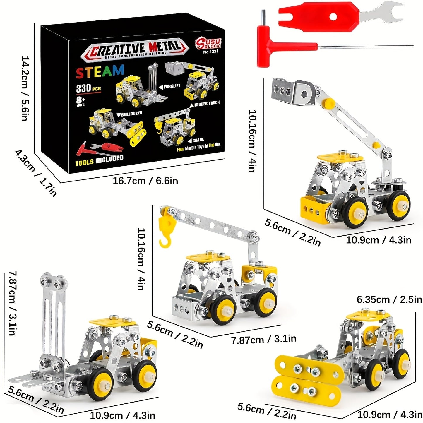 STEM Building Toys - 330pcs Erector Set for Kids, 4-in-1 Metal Engineering Vehicles Kit