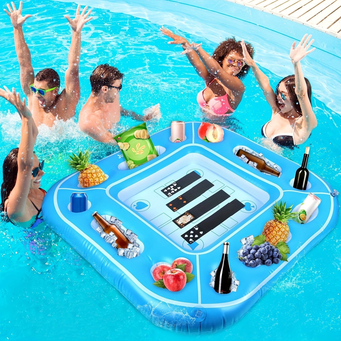 Large Inflatable Pool Card Table with Waterproof Cards & Cooler