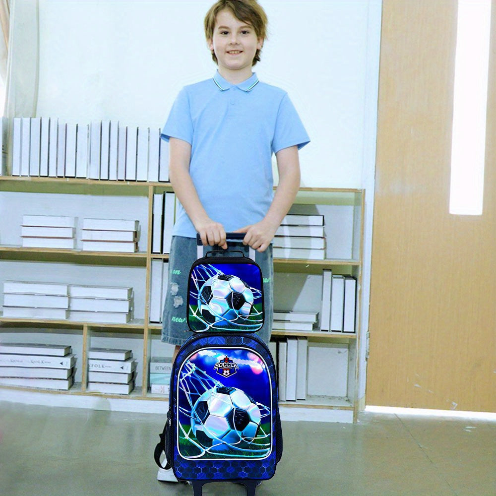 3pcs Rolling Backpack for Kids with Wheels - Soccer Design