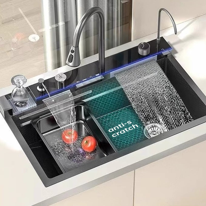 Musurjoy Black Stainless Steel Kitchen Sink with Waterfall Faucet & Accessories - 75x45 cm, Contemporary, Freestanding