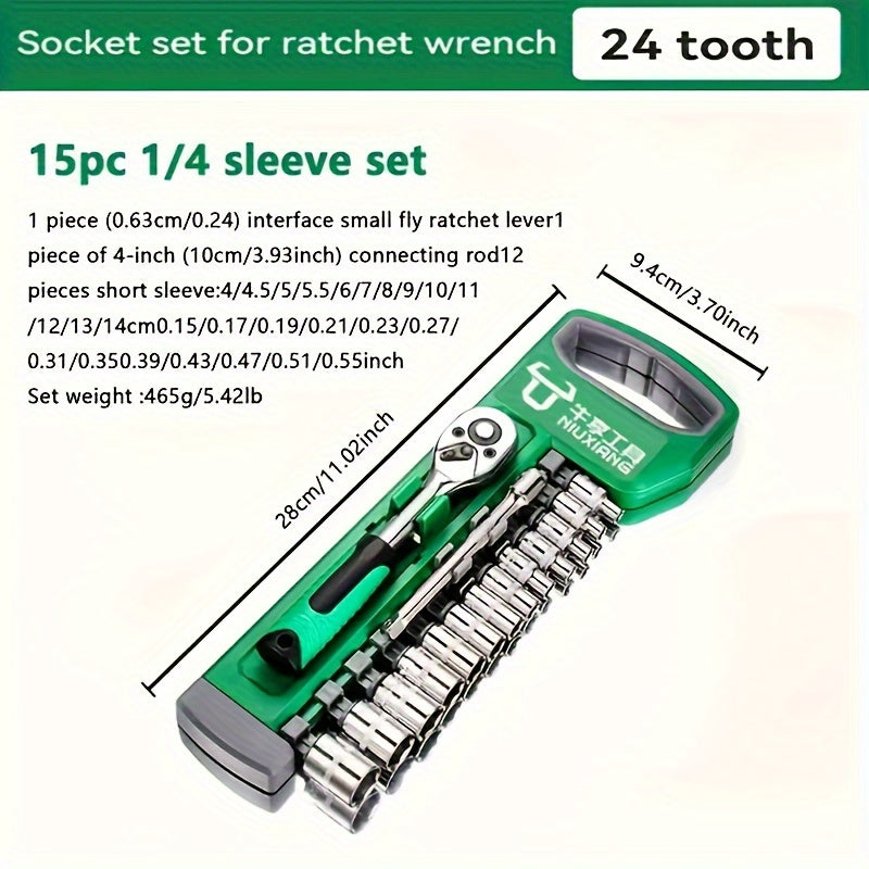 15pcs Compact Ratchet Wrench Set - 1/4" Drive Cr-V Steel Socket Kit with Non-Slip Grip for Motorcycle Maintenance, Auto Repair & Industrial Use
