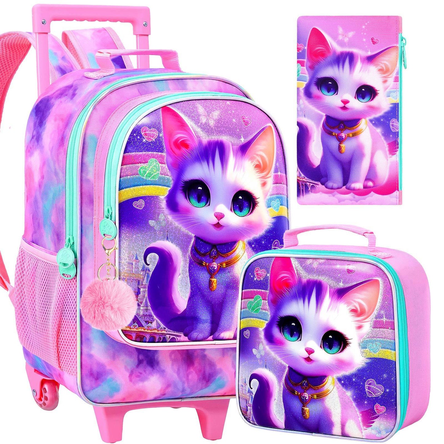 3pcs Rolling Foldable Lightweight Backpack for Girls - Kids Roller Wheeled Bookbag with Lunch Box - Pink Cat Design