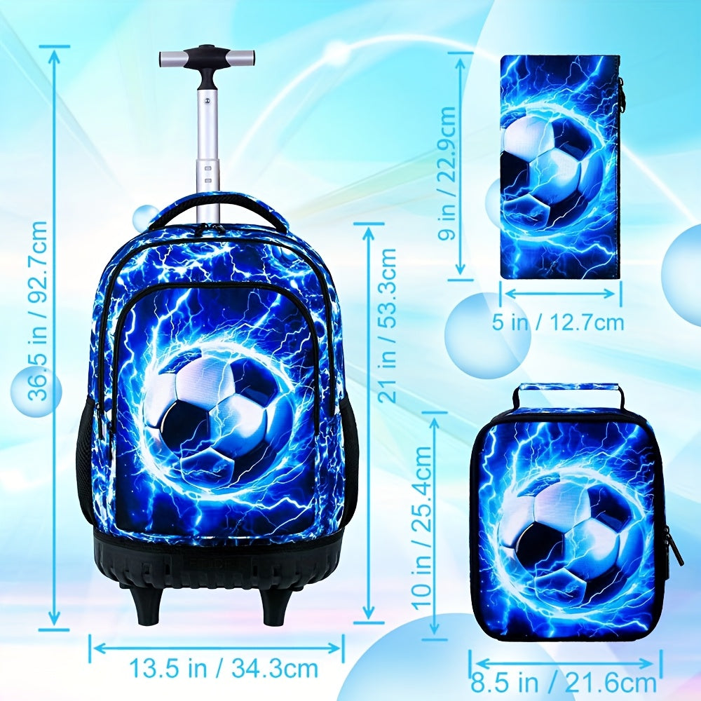 3pcs Boys' Rolling Backpack with Wheels - Cartoon Football Design, Adjustable Straps | Perfect for School & Kindergarten