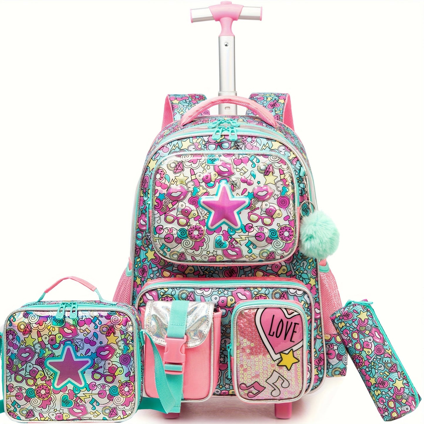 16.5" Kids Rolling Backpack Set - Wheeled Suitcase with Lunch Bag & Pencil Case for Ages 3+