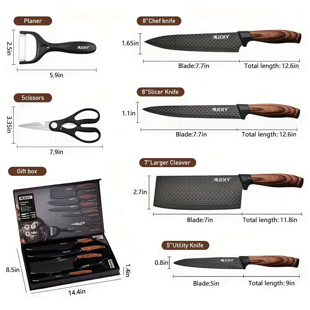 6pcs Multi-Size Kitchen Knife Set - Stainless Steel, Super Sharp, Brown Handles, Ideal for Cooking & Camping, Perfect Gift with Elegant Packaging