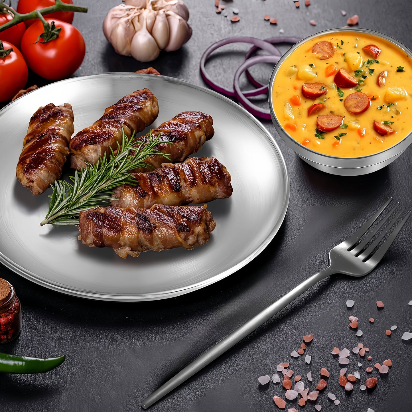 12pcs Stainless Steel Plates & Bowls Set - Insulated, Dishwasher Safe, Perfect for Camping & Gatherings