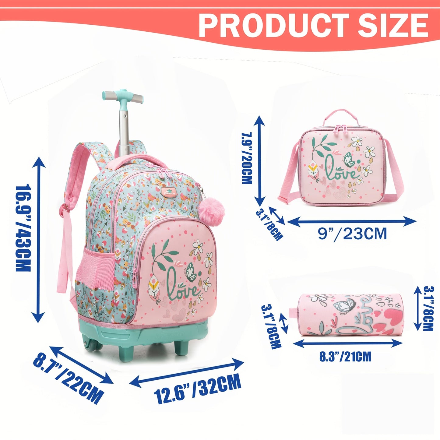 Girls Rolling Backpack 3pcs Set - Wheeled School Bag with Pencil Case & Lunch Bag
