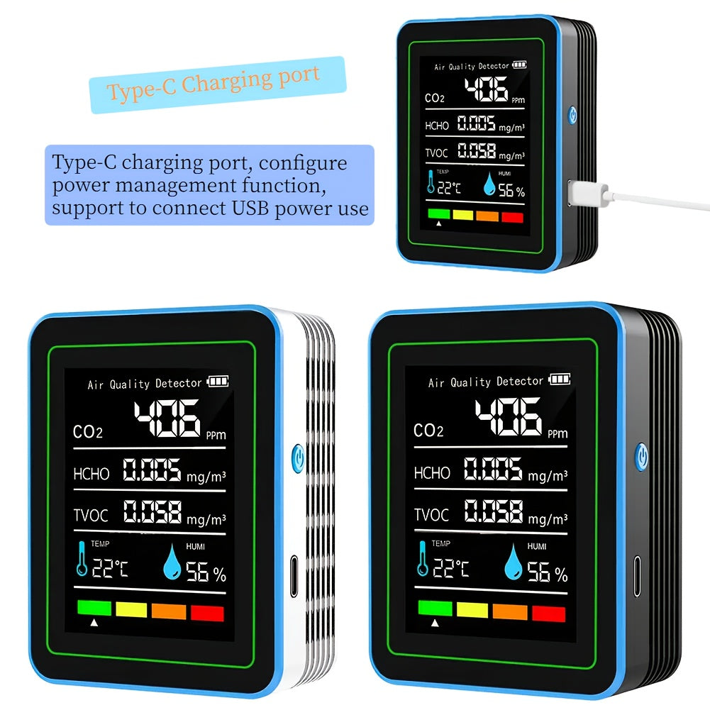 5-in-1 Portable Air Quality Monitor | Formaldehyde & CO2 Detector | Indoor Air Analyzer with Real-Time Data & Alarms