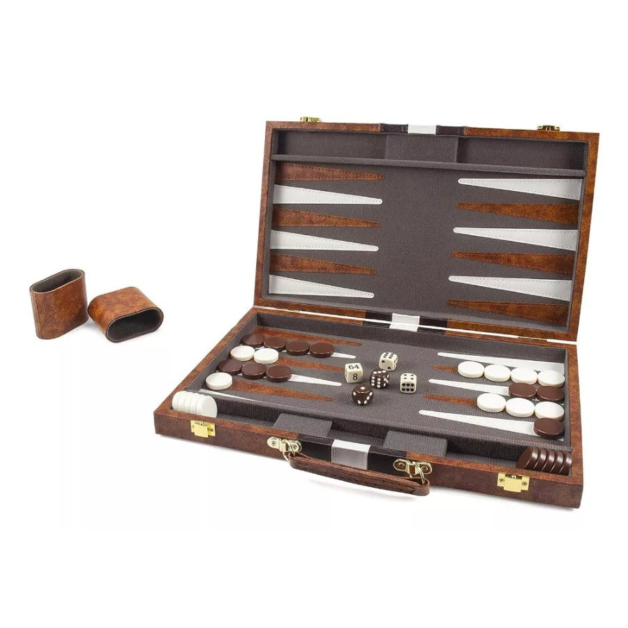 Classic 15-inch Backgammon Set with Folding Board & Leather Case