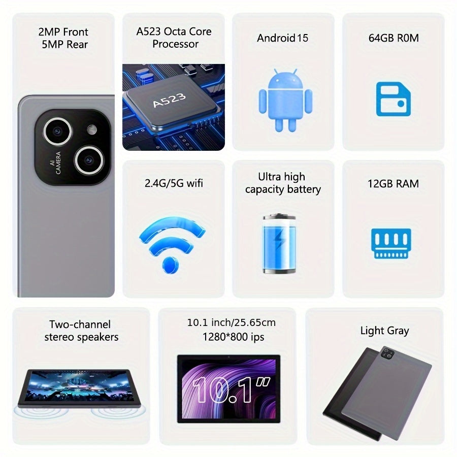 10.1-Inch Android Tablet with 8-Core Processor, 64GB ROM, 12GB RAM, 5MP Dual Cameras, and 5G WiFi 6