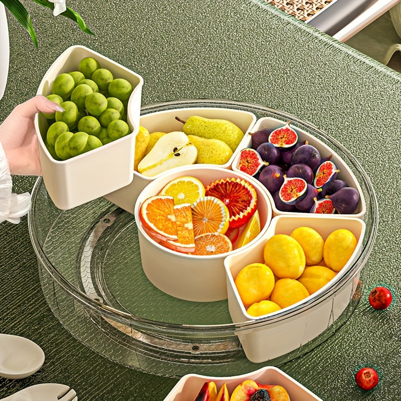 1pc Rotating Snack Tray with Lid | Round Plastic Food Storage Organizer | Ideal for Holidays & Parties