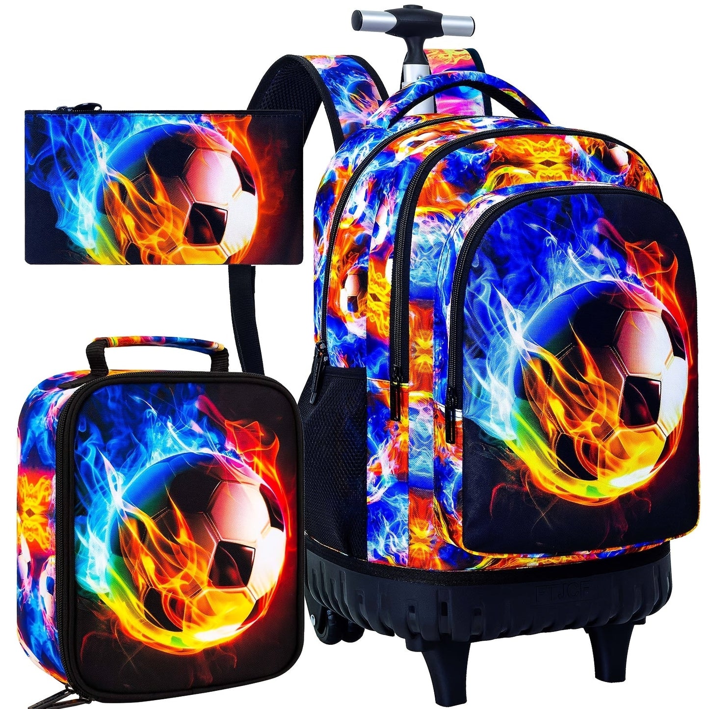 3pcs Lightning Soccer Rolling Backpack Set for Boys with Lunch Box and Pencil Case - CCJPX