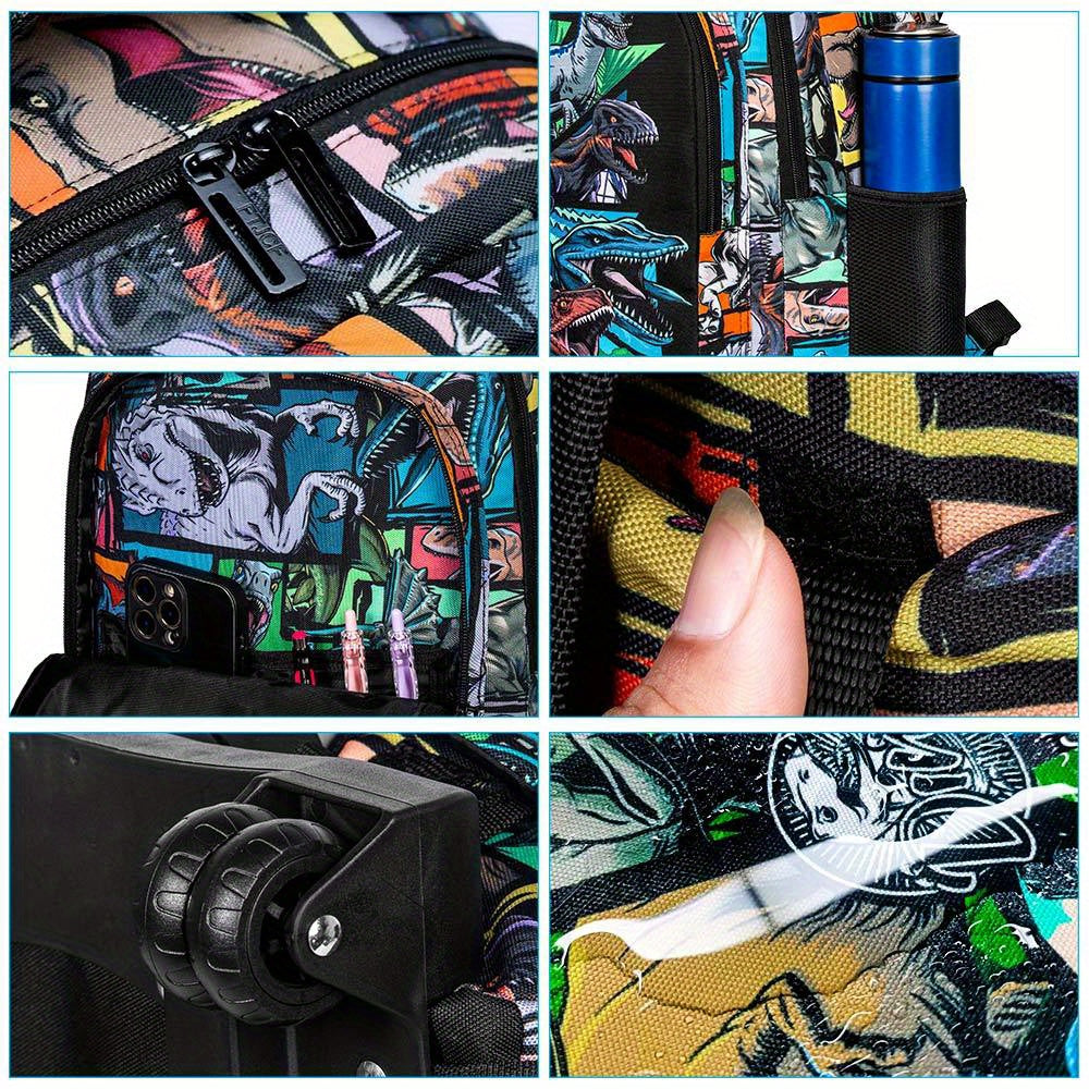 3pcs Rolling Backpack for Boys with Wheels - Black Dinosaur Design
