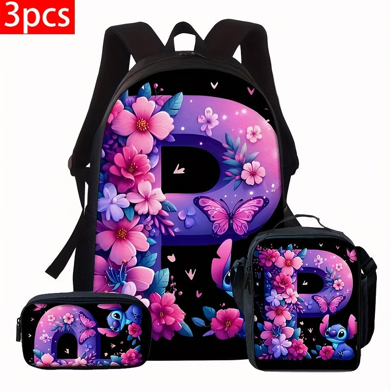 Lilo & Stitch Alphabet Backpack Set - Purple Floral Theme | A-Z Letters | Fashionable & Functional for Travel & Daily Use