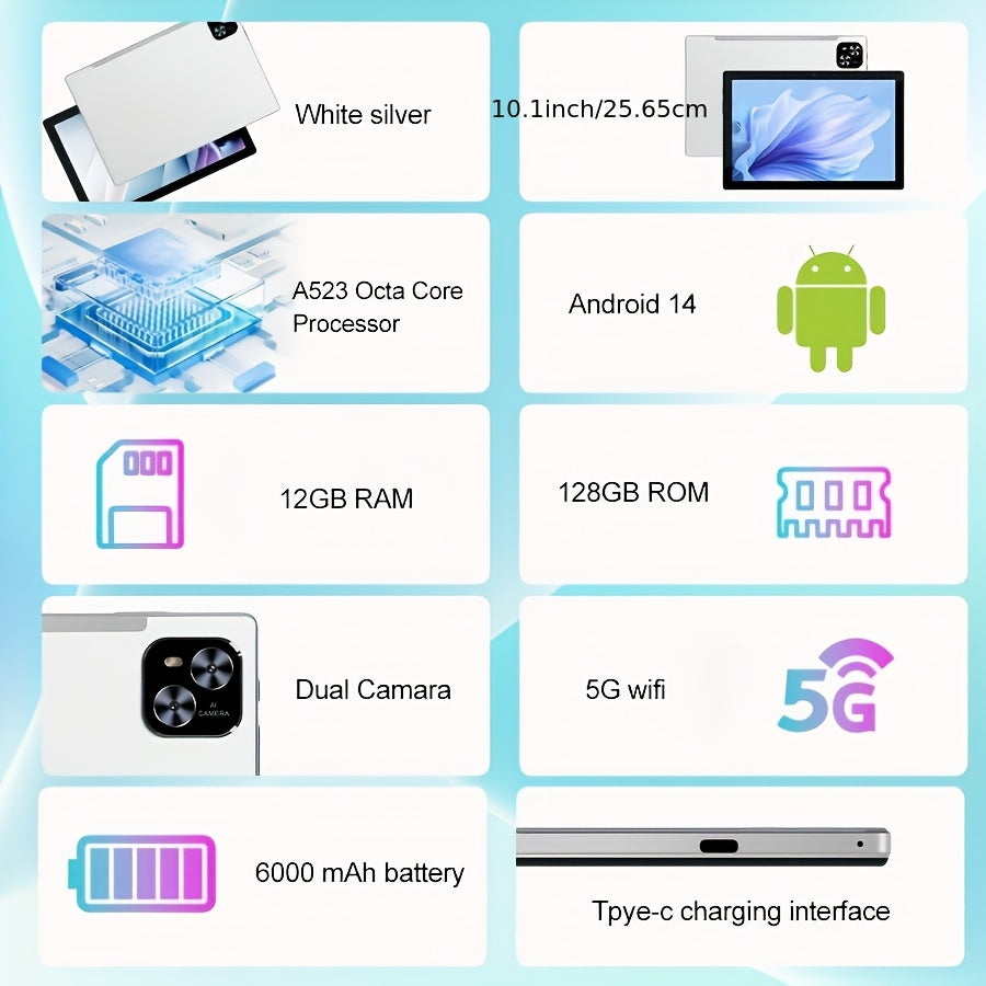 10.1 Inch Android 14 Tablet with 128GB ROM, 12GB RAM, and Accessories