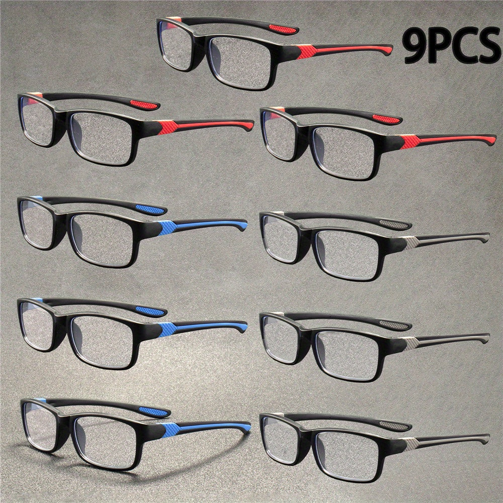 9pcs ZXRCYYL Men's Fashion Reading Glasses - Rectangular Full-Rim Frames, Red/Blue Gradient Lenses, +1.50 Strength, Lightweight & Versatile Eyewear